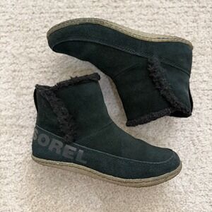 Sorel‎ NAKISKA Black Suede Faux Fur Lined Ankle BOOTIE SLIPPER Women 7.5